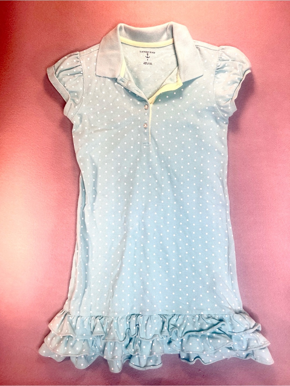 Lands End Girls Polo Shirt Dress Light Blue Polka Dot Size 8 Ruffle Hem Preppy